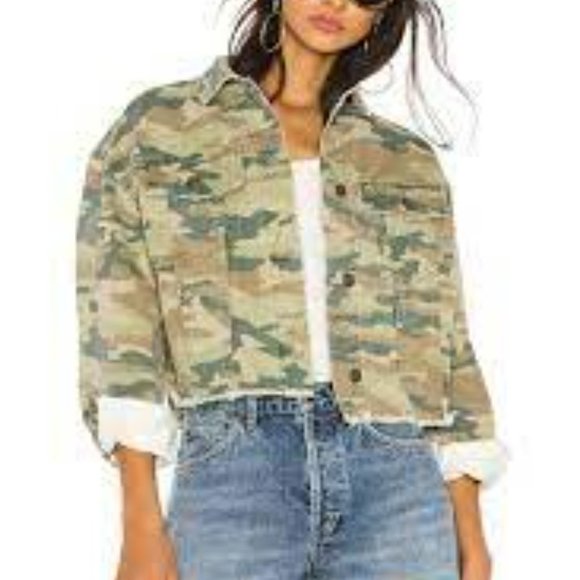 FREE PEOPLE GREEN CAMO CROP DENIM JACKET SIZE XS - Picture 2 of 13